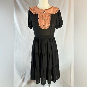 Black Peony Chiffon Cottagecore Vintage Ins. Dress Prairie Lg  Peter Pan Collar